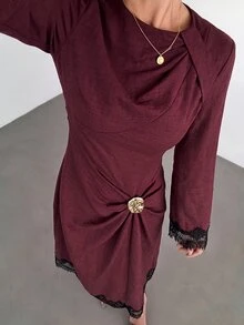 Siren Gaze Women's Solid Color Twist Detail Front Metal Buckle Decor Flare Long Sleeve Dress, Women's Wedding Guest Gown, Women's Winter Evening Dress - Burgundy - View 6