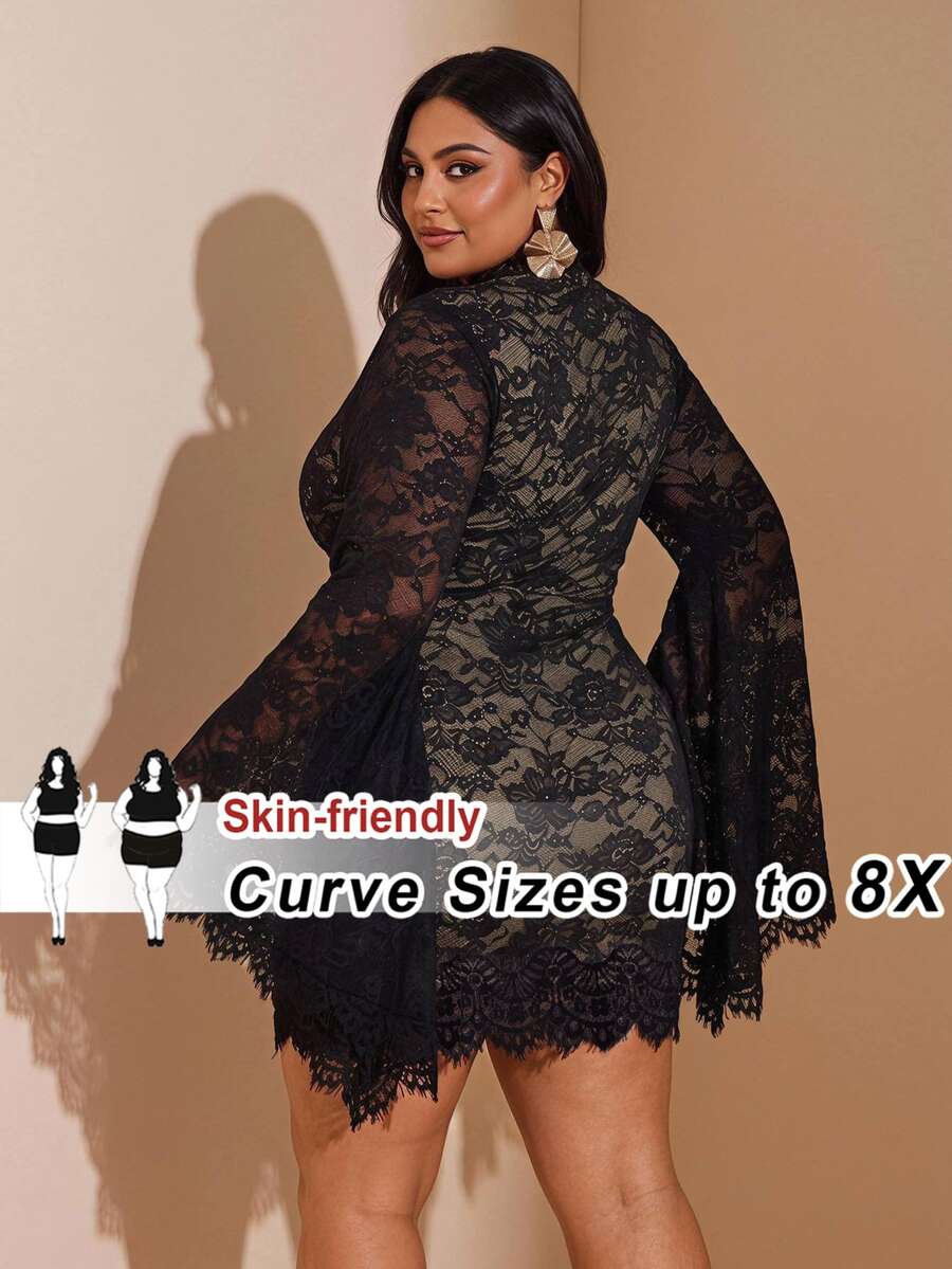 SHEIN CURVE+ 女款大尺碼洋裝 22W,秋冬性感蕾絲拼接洋裝 - 彩色 - 查看 1