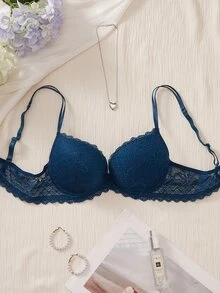 DesireSculpt Premium Full Lace Comfortable Thick Molded Cup Push-Up Underwire Bra For Women, 1pc - Dark Green - View 3