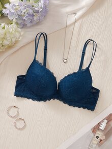 DesireSculpt Premium Full Lace Comfortable Thick Molded Cup Push-Up Underwire Bra For Women, 1pc - Dark Green - View 1