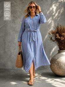 Ceyna Plus Size Casual Striped Shirt Collar Long Sleeve Dress - Blue - View 1