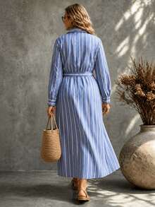 Ceyna Plus Size Casual Striped Shirt Collar Long Sleeve Dress - Blue - View 2