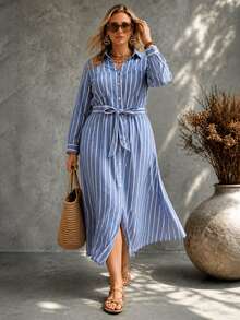 Ceyna Plus Size Casual Striped Shirt Collar Long Sleeve Dress - Blue - View 3
