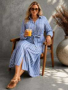 Ceyna Plus Size Casual Striped Shirt Collar Long Sleeve Dress - Blue - View 6