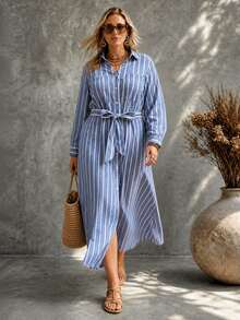 Ceyna Plus Size Casual Striped Shirt Collar Long Sleeve Dress - Blue - View 7