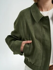 Airaco 女士落肩长袖单排扣仿麂皮派克大衣 - 軍綠色 - 查看 6