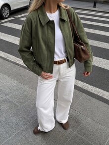 Airaco 女士落肩长袖单排扣仿麂皮派克大衣 - 軍綠色 - 查看 2