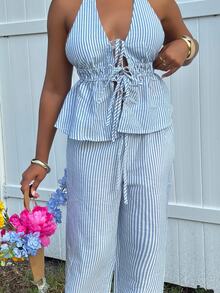 Alexandranx Women 2 Pieces Set:Striped Print Twist Backless Halter Top And Drawstring Pants, Casual - Blue - View 4