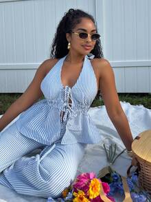 Alexandranx Women 2 Pieces Set:Striped Print Twist Backless Halter Top And Drawstring Pants, Casual - Blue - View 5