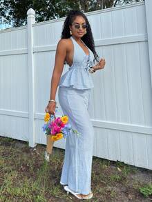 Alexandranx Women 2 Pieces Set:Striped Print Twist Backless Halter Top And Drawstring Pants, Casual - Blue - View 3
