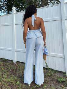 Alexandranx Women 2 Pieces Set:Striped Print Twist Backless Halter Top And Drawstring Pants, Casual - Blue - View 2