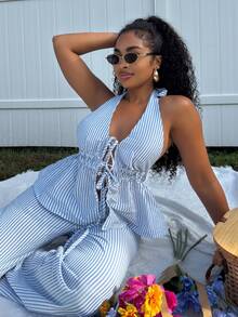 Alexandranx Women 2 Pieces Set:Striped Print Twist Backless Halter Top And Drawstring Pants, Casual - Blue - View 6