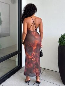 Alexandranx 女式针织网眼印花 V 领露背修身连衣裙 - 酒紅色 - 查看 2