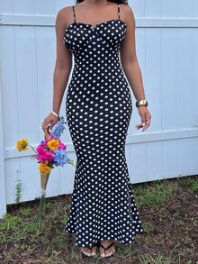 Alexandranx 黑白波点性感休闲露背无袖女士细肩带连衣裙，春夏 - 黑與白 - 查看 6