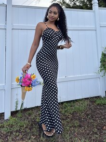 Alexandranx 黑白波点性感休闲露背无袖女士细肩带连衣裙，春夏 - 黑與白 - 查看 5