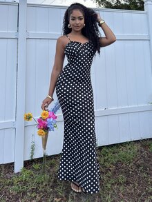 Alexandranx 黑白波点性感休闲露背无袖女士细肩带连衣裙，春夏 - 黑與白 - 查看 1