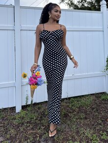 Alexandranx 黑白波点性感休闲露背无袖女士细肩带连衣裙，春夏 - 黑與白 - 查看 4