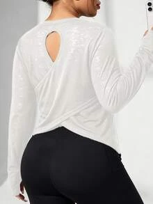 SHEIN Rhythm Era Women's Plus Size Cross Wrap Sports T-Shirt Fall - White - View 6