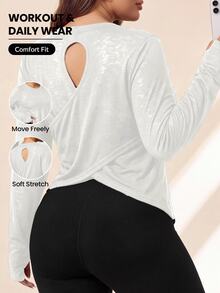 SHEIN Rhythm Era Women's Plus Size Cross Wrap Sports T-Shirt Fall - White - View 1