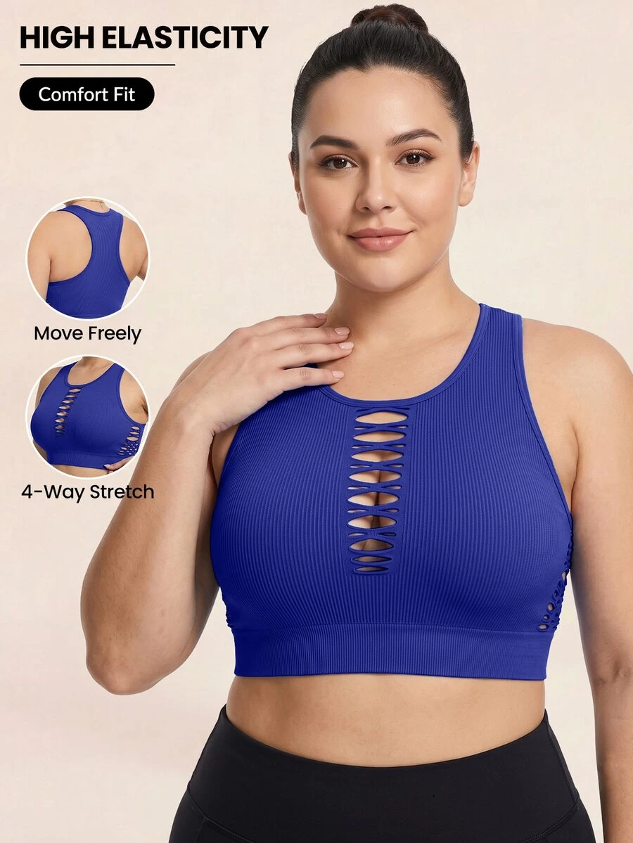 SHEIN Rhythm Era 女款大尺碼純色鏤空短版運動背心 - 寶藍色 - 查看 1