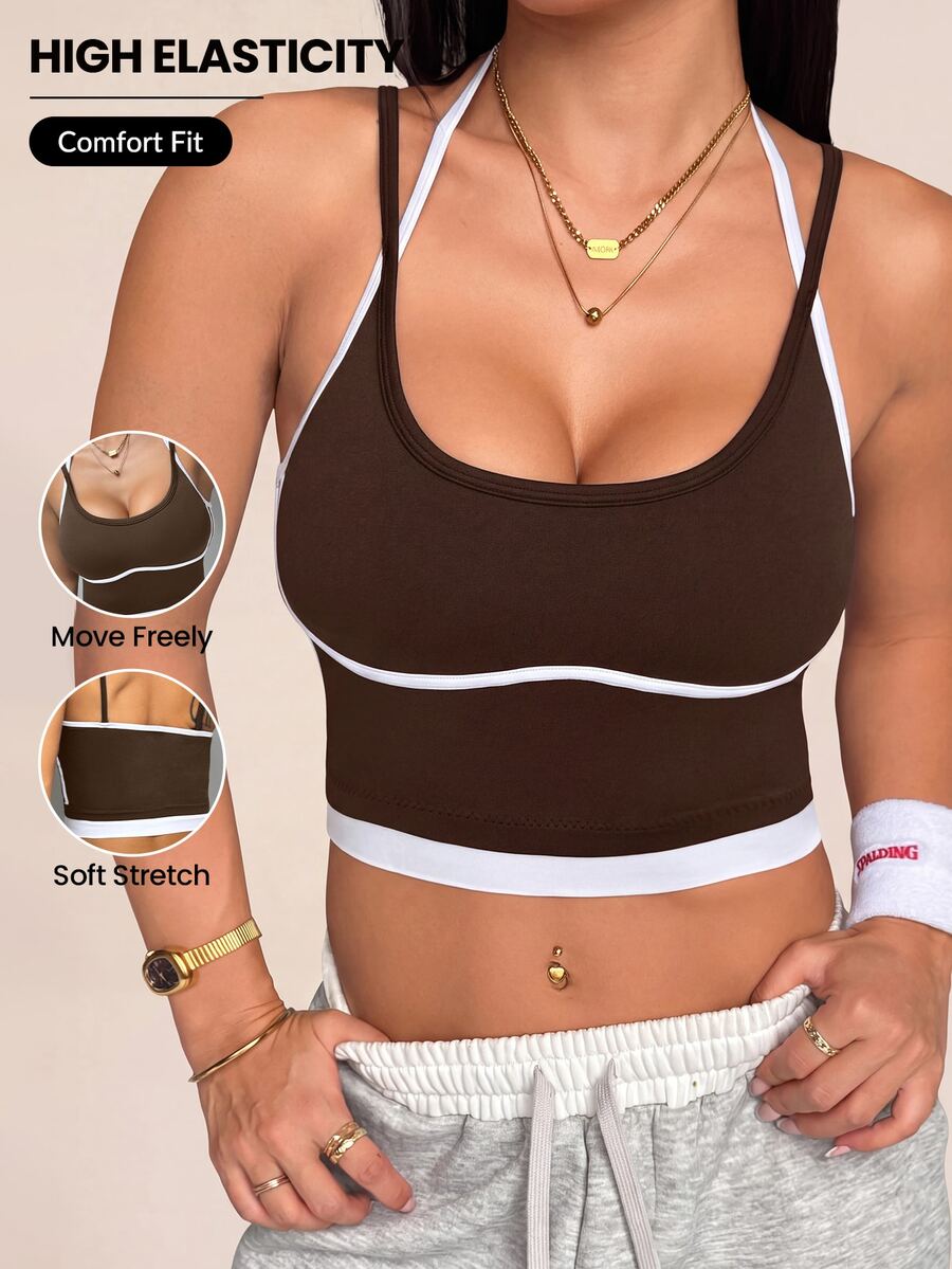 SHEIN Rhythm Era 無縫高彈性瑜伽健身休閒日常女款大尺碼運動T恤與背心 - 棕色 - 查看 1