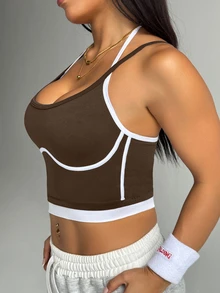 SHEIN Rhythm Era 無縫高彈性瑜伽健身休閒日常女款大尺碼運動T恤與背心 - 棕色 - 查看 5