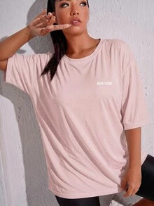 SHEIN Rhythm Era 休閒百搭大尺碼黑色前胸字母印花運動上衣 - 粉色 - 查看 3