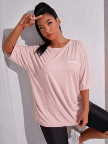 SHEIN Rhythm Era 休閒百搭大尺碼黑色前胸字母印花運動上衣 - 粉色 - 查看 4