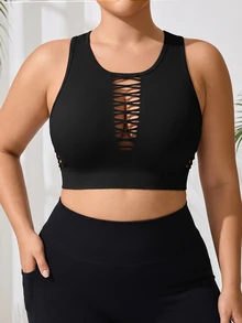 SHEIN Rhythm Era Plus Size Women Solid Color Hollow Out Design Casual Fitness Sports Tank Top - Black - View 5