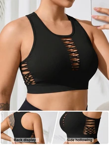 SHEIN Rhythm Era Plus Size Women Solid Color Hollow Out Design Casual Fitness Sports Tank Top - Black - View 4