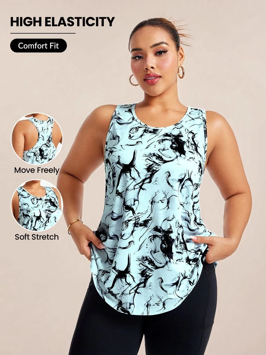 SHEIN Rhythm Era Full Print Asymmetric Hem Round Neck Summer Sports Tank Top Glowmode Camo - Mint Blue - View 1