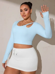 SHEIN Rhythm Era Women's Plus Size Solid Color Shoulder Cutout Long Sleeve Cropped T-Shirt Gym Sports Baby Blue Autumn Fall - Baby Blue - View 5