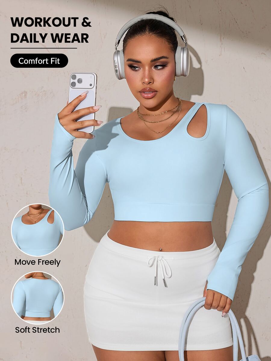SHEIN Rhythm Era Women's Plus Size Solid Color Shoulder Cutout Long Sleeve Cropped T-Shirt Gym Sports Baby Blue Autumn Fall - Baby Blue - View 1