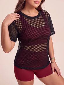 Rhythm Era Women's Plus Size Solid Color Hollow Out Casual Daily Travel Sports T-Shirt - Black - View 8