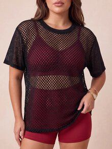 Rhythm Era Women's Plus Size Solid Color Hollow Out Casual Daily Travel Sports T-Shirt - Black - View 2