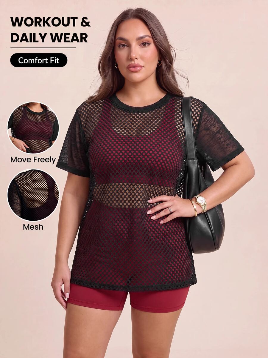 Rhythm Era Women's Plus Size Solid Color Hollow Out Casual Daily Travel Sports T-Shirt - Black - View 1
