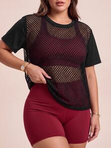 Rhythm Era Women's Plus Size Solid Color Hollow Out Casual Daily Travel Sports T-Shirt - Black - View 7