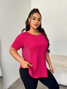 SHEIN Rhythm Era قميص رياضي قصير الأكمام بطباعة حرفية للنساء ذوات الحجم الكبير - روز أحمر - مشاهدة 6