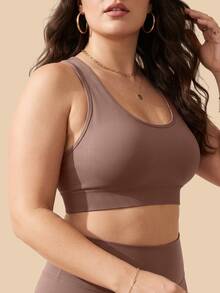 SHEIN Rhythm Era Plus Size Women Solid Color Criss-Cross Back Casual Kawaii Fitness Workout Tank Top Gym Brown Summer - Brown - View 6