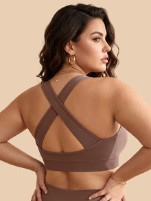 SHEIN Rhythm Era Plus Size Women Solid Color Criss-Cross Back Casual Kawaii Fitness Workout Tank Top Gym Brown Summer - Brown - View 7