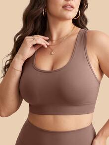 SHEIN Rhythm Era Plus Size Women Solid Color Criss-Cross Back Casual Kawaii Fitness Workout Tank Top Gym Brown Summer - Brown - View 5