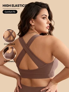 SHEIN Rhythm Era Plus Size Women Solid Color Criss-Cross Back Casual Kawaii Fitness Workout Tank Top Gym Brown Summer - Brown - View 1