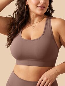 SHEIN Rhythm Era Plus Size Women Solid Color Criss-Cross Back Casual Kawaii Fitness Workout Tank Top Gym Brown Summer - Brown - View 2