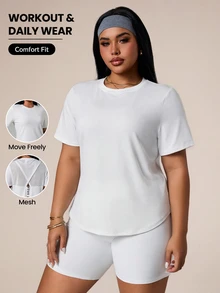 Rhythm Era Plus Size Women's Round Neck White Summer Athletic Gym Tops Mesh Back Panel Short Sleeve Workout T-Shirt Curve Midsize Sport Print Graphic Tees - White - View 2