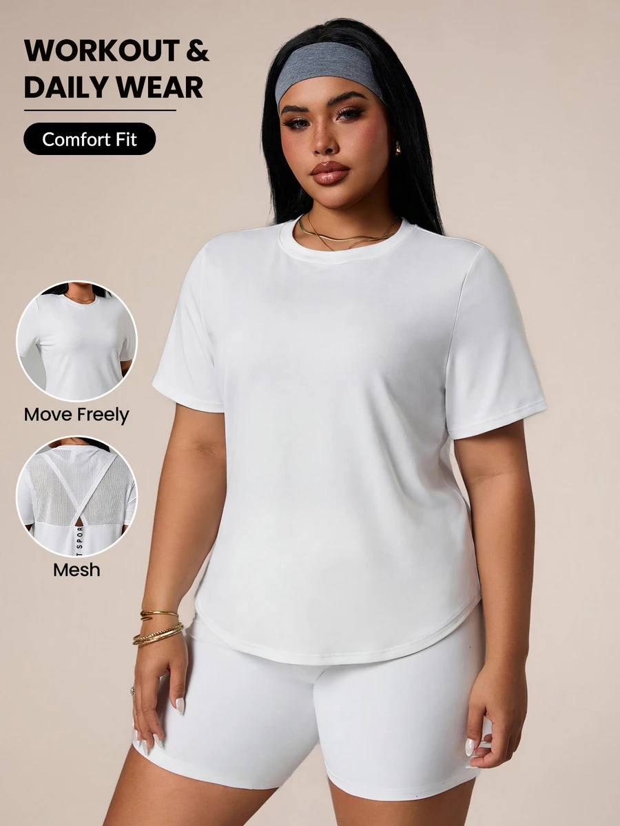 Rhythm Era Plus Size Women's Round Neck White Summer Athletic Gym Tops Mesh Back Panel Short Sleeve Workout T-Shirt Curve Midsize Sport Print Graphic Tees