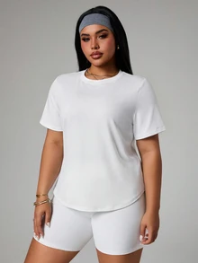 Rhythm Era Plus Size Women's Round Neck White Summer Athletic Gym Tops Mesh Back Panel Short Sleeve Workout T-Shirt Curve Midsize Sport Print Graphic Tees - White - View 4
