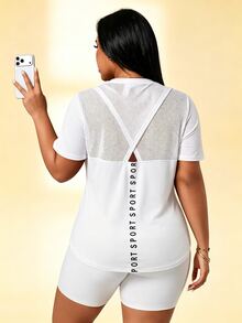 Rhythm Era Plus Size Women's Round Neck White Summer Athletic Gym Tops Mesh Back Panel Short Sleeve Workout T-Shirt Curve Midsize Sport Print Graphic Tees - White - View 10