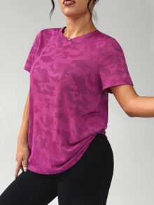 Rhythm Era Women's Plus Size Basic Short Sleeve Yoga/Fitness Top, Curved Hem Jacquard Fabric - Hot Pink - View 2