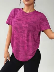 Rhythm Era Women's Plus Size Basic Short Sleeve Yoga/Fitness Top, Curved Hem Jacquard Fabric - Hot Pink - View 5