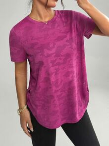Rhythm Era Women's Plus Size Basic Short Sleeve Yoga/Fitness Top, Curved Hem Jacquard Fabric - Hot Pink - View 4